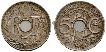 Франция 5 сантимов 1924 KM 875 медно-никель 4602-158