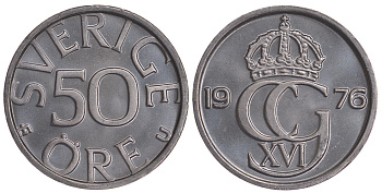 Швеция 50 эре 1976 U Карл XVI Густав (1973- ) KM 855 медно-никель UNC 72-424