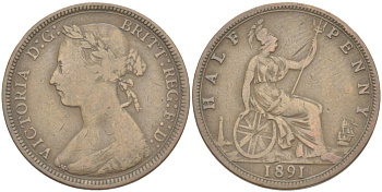 Великобритания 1/2 пенни 1891 Виктория (1837-1901) KM 754, Spink 3956 бронза 4543-1227