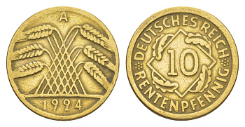 Германия 10 рентенпфеннигов 1924 A KM 33, J. 309 алюминиевая бронза 4164-1218