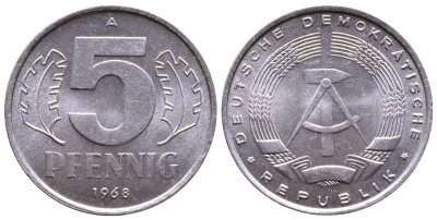 ГДР 5 пфеннигов 1968 А КМ 9.1 алюминий 4110-1763