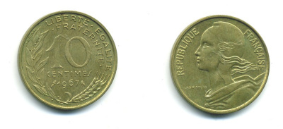 ФРАНЦИЯ 10 САНТИМОВ 1967 ТИП MARIANNE KM 929 медь алюминий никель 84-1613