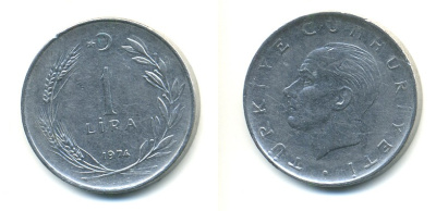 Турция 1 лира 1974 Мустафа Кемаль Ататюрк KM 889а.2 нержавеющая сталь80-1257