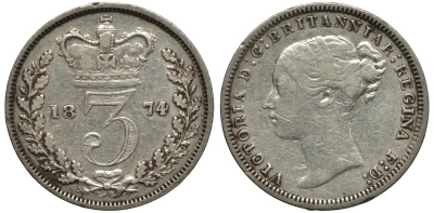 Великобритания 3 пенса 1874 Виктория (1837-1901) KM 730, Spink 3914C серебро 188-421