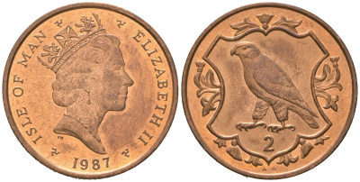 Остров Мэн 2 пенса 1987 Елизавета II (1952-2022) KM 144 бронза UNC 4619-115