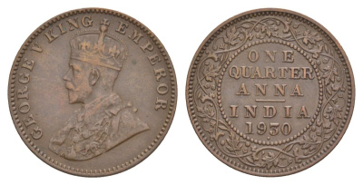 Британская Индия 1/4 анны 1930 Георг V (1910-1936), точка - Бомбей KM 512 бронза 4633-1026