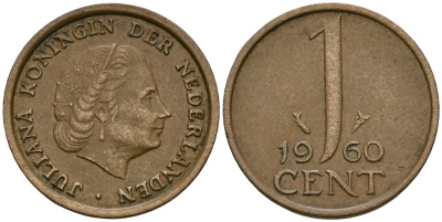 Нидерланды 1 цент 1960 Юлиана (1949-1980) KM 180 бронза 4608-1049