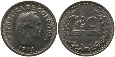 Колумбия 20 сентаво 1974 KM 246.1 сталь плакированная никелем 4529-811