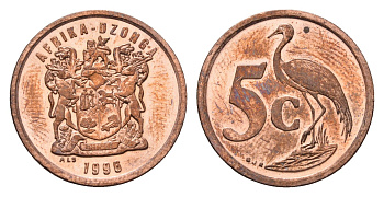 ЮАР 5 центов 1996 герб, райский журавль KM 160 сталь плакированная медью UNC 4693-246