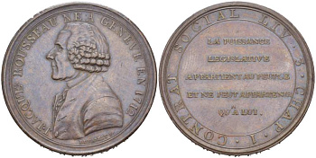 Франция медаль 1791 Жан-Жак Руссо (1712-1778) философ, писатель, мыслитель, медальер Dumarest, диаметр 35 мм., вес 24,89 гр. бронза 1084-4-22