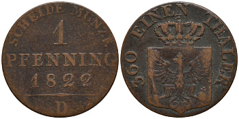 Пруссия 1 пфенниг 1822 D, Фридрих Вильгельм III (1797-1840) KM 405 медь 4549-318