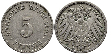 ГЕРМАНИЯ 5 ПФЕННИГОВ 1904 J KM 11, Jager 12, Weege 6 медно-никель 4547-442