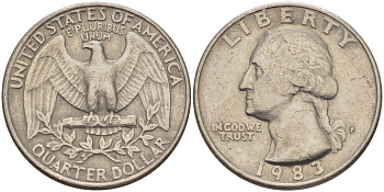 США 25 ЦЕНТОВ = КВОТЕР 1983 Р, ВАШИНГТОН KM А164а медь плакированная медно-никелем 31-742