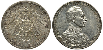 Пруссия 3 марки 1913 Вильгельм II (1888-1918) в мундире KM 535, J.112 серебро aUNC 413-6625