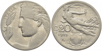 Италия 20 чентезимо 1913 R, Виктор Эммануил III (1900-1946) KM 44 никель 4448-225