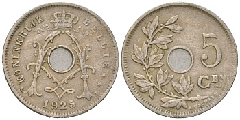 Бельгия 5 сантимов 1925 BELGI?, Альберт I (1909-1934) KM 67 медно-никель 4617-644