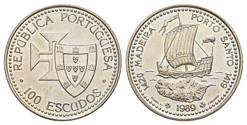 Португалия 100 эскудо 1989 Золотой век открытий - Открытие острова Мадейра KM 647 медно-никель UNC 4185-322