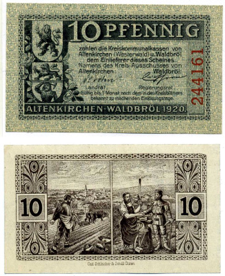 Вальдбрёль 10 пфеннигов 1920 1 месяц после выпуска, нотгельд , земля Северный Рейнлянд-Пфальц Grabowski А9.1а бумага 2193-21-3-2