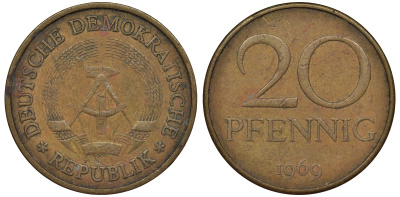 ГДР 20 пфеннигов 1969 А, первый год KM 11 латунь 62-957