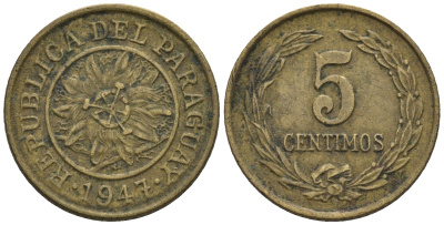 Парагвай 5 сентимо 1947  KM 21 алюминиевая бронза    220-1017