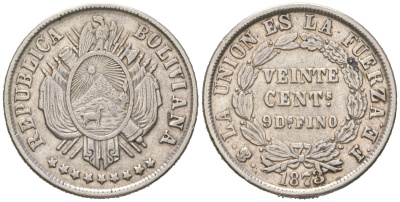 Боливия 20 сентаво 1873 KM 159.1 серебро 34-1224