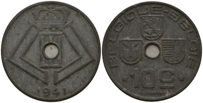 Бельгия 10 сантимов 1941 Belgique - Belgie, Леопольд III (1934-1947), германская оккупация, Вторая мировая война KM 125 цинк 4161-314