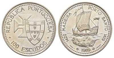 Португалия 100 эскудо 1989 Золотой век открытий - Открытие острова Мадейра KM 647 медно-никель UNC 4185-322