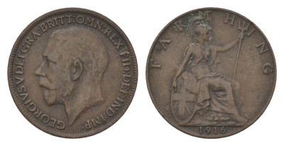 Великобритания 1 фартинг 1916 Георг V (1910-1936) KM 808.1, Spink 4059 медь 4627-633