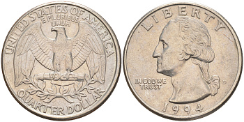 США 25 центов (квотер) 1994 D, Вашингтон KM A164a медь плакированная медно-никелем 4114-934