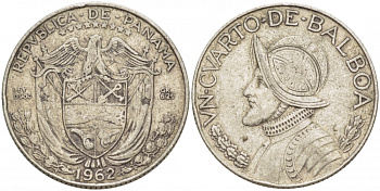Панама 1/4 бальбоа 1962 Васко Нуньес де Бальбоа KM 11.2 серебро 261-856