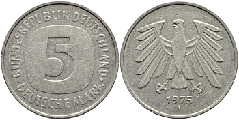 ФРГ 5 марок 1975 J, монетный двор Гамбург КМ 140.1, J. 415 медно-никель плакированный никелем 4389-745