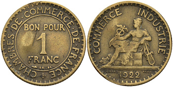 Франция 1 франк 1922 KM 876, Le Franc 218.5 алюминиевая бронза 4142-617