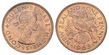 Новая Зеландия 1 пенни 1963 Елизавета II (1952-2022), новозеландский туи KM 24.2 бронза aUNC 4587-615