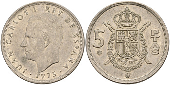 Испания 5 песет 1975 (79) Хуан Карлос I (1975-2014) KM 807 медно-никель 4155-641