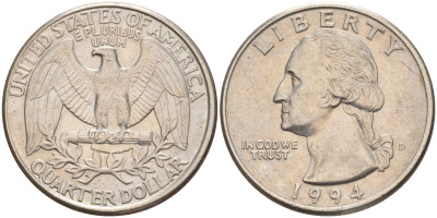 США 25 центов (квотер) 1994 D, Вашингтон KM A164a медь плакированная медно-никелем 4114-934