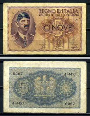 Италия 5 лир 1944 Виктор Эммануил III Pick 28, Grapanzano BS 28 бумага 3295-54-3-2