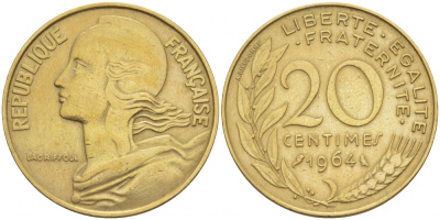 ФРАНЦИЯ 20 САНТИМОВ 1964 ТИП MARIANNE KM 930, LE FRANC 156.4 алюминиевая бронза 113-1224