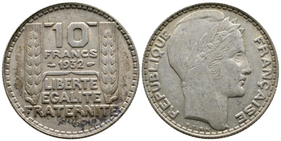 Франция 10 франков 1932 Пьер Тюрен KM 878, Le Franc 360.5 серебро 79-1543