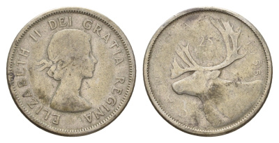 Канада 25 центов 1955 Елизавета II (1952-2022), олень KM 52 серебро 181-335