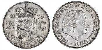 Нидерланды 2 1/2 гульдена 1963 Юлиана (1949-1980) KM 185 серебро 413-3644