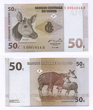 ДР Конго 50 сантимов 1997 окапи, резервация Эпулу Pick 84 a бумага UNC (пресс) 7222-73-1