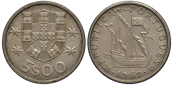 ПОРТУГАЛИЯ 5 ЭСКУДО 1967 ПАРУСНИК KM 591 медно-никель VF 4182-554