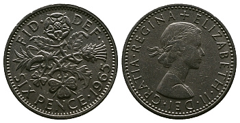 Великобритания 6 пенсов 1965 Елизавета II (1952-2022) KM 903, Spink 4149 медно-никель 4381-832