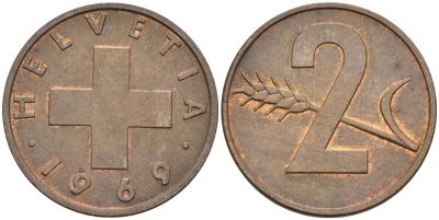 Швейцария 2 раппена 1969 KM 47 бронза 4541-337