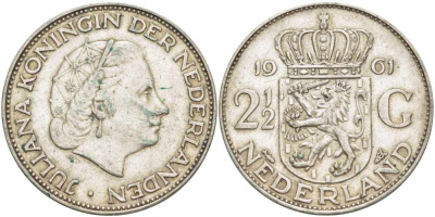Нидерланды 2 1/2 гульдена 1961 Юлиана (1848-1980) KM 185 серебро 118-415