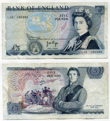 Англия 5 фунтов 1973-1980 Артур Уэлсли Веллингтон, подпись J.B. Page Pick 378 b бумага 7203-3-3-1