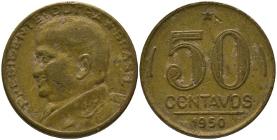 Бразилия 50 сентаво 1950 Эурику Дутра KM 563, Schon 68 алюминиевая бронза 4575-1222