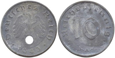 ГЕРМАНИЯ 10 РЕЙХСПФЕННИГОВ 1943 А KM 101, J. 371 цинк 4523-315