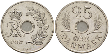 ДАНИЯ 25 ЭРЕ 1967 С; S, ФРЕДЕРИК IX (1947-1972) KM 855.1 медно-никель 67-555