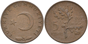 ТУРЦИЯ 5 КУРУШЕЙ 1959 KM 890.1 бронза 4588-1042